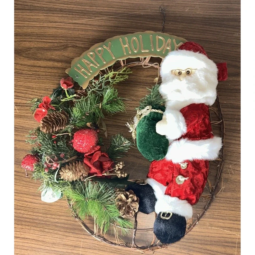 Christmas Santa Happy Holidays Grapevine Wreath Pinecone Wall Decor 18in